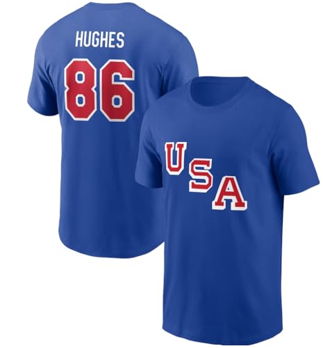Jack Hughes Hockey USA T-Shirt Cotton Jersey #86 (US Alpha Large Blue)