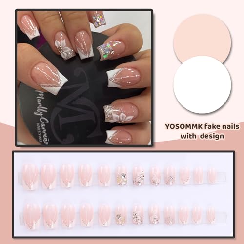 YOSOMMK Nude French Press on Nails Short Square Fake Nails with Flower Designs Glossy Sequins Stick on Acylic Nail for Women and Girls — view 2