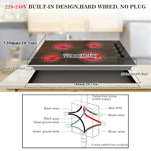 Karinear 30 Inch Electric Cooktop 4 Burners, Knob Control Built-in Ceramic Cooktop, 30" Radiant Electric Stove Top with Glass Protection Metal Frame,Hot Surface Indicator, 220-240v, Hard Wire, No Plug