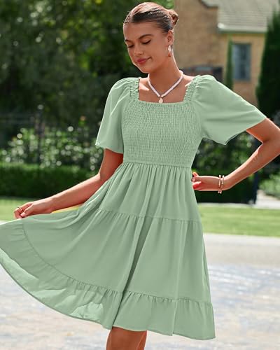 Image of BTFBM Womens Summer Smocked Mini Dress Spring Square Neck Flutter Sleeve Casual Ruffle Swing Boho Beach Dresses Pockets