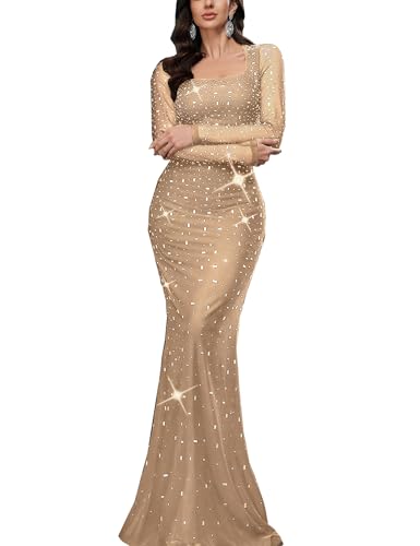 VOUIAO Women's Formal Evening Gown Elegant Rhinestone Long Prom Dress