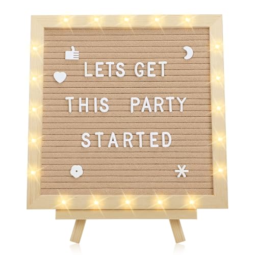 Changeable Felt Letter Board with LED Lights - 10Γ10" Message Custom Signs & Wood Stand & 450 Letters, Poster Board for Christmas/Pregnancy/Baby Announcement/Classroom Wall Decor Gifts, Camel