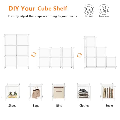 AWTATOS Cube Storage Organizer, Closet Organizers and Storage, 6 Cube Shelves Bookshelf, DIY Stackable Plastic Clothes Organizer Shelving for Bedroom, Home, Transparent Twill - Thumbnail 6