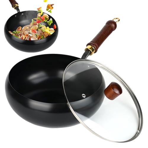 XCRPRT Sartén de hierro fundido, sartén de hierro sin recubrir, olla antiadherente forjada a mano, olla versátil con tapa para hervir a fuego lento y freír a fuego alto, compatible con gas, placa de