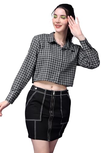 Image of POPWINGS Casual Pure Cotton Checks Crop Shirt for Women | Stylish Western Crop Shirt for Women | Full Sleeves Crop Shirt for Women