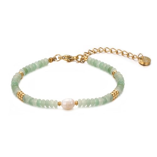 vissen Vert Bracelet Femme Pierre Naturelle Plaqué Or Acier Inoxydable Bracelet Perles de Culture...