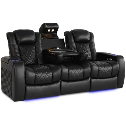 Valencia Home Theater Seating Tuscany 2025 3-Seat Power Recliner with Center Console - Top Grain Nappa 11000 Leather, Cool Gel Memory Foam, USB-C/A Charging, RGB Lights (Midnight Black)
