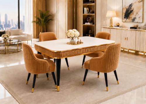Image of WOODEN SPACE 4 Seater Wooden Dining Table Set | Urban Marble Top Dining Table with Chairs for Dining Room & Kitchen (Modern Zyro Mustard) (54 x 36 x 30 inch)