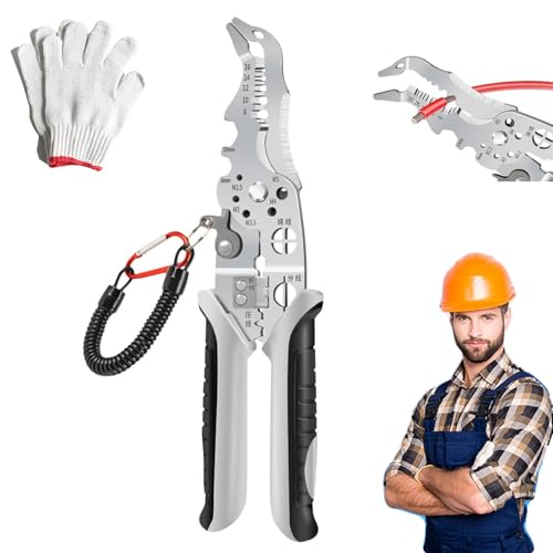 Pwzoax Multifunctional Elbow Wire Stripping Pliers with A Spring Keychain, Multifunctional Wire Stripper Crimper Cable Cutter Pliers for Cutting Stripping Shearing (#1)