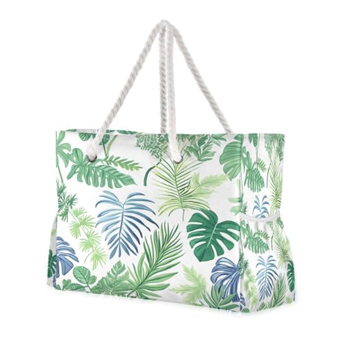 Beach Bag - Large Tote Bags for Women Green Blue Tropical Leaves Pattern Shoulder Bags Zipper Waterproof Sandproof for Travel Gym Swim Daily