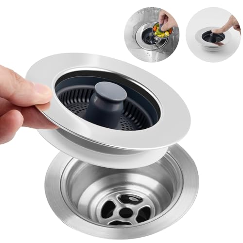 Hibbent 3 in 1 Kitchen Sink Drain Strainer, Stainless Steel Wrapped Shell Drain Stopper Combo, Pop Up Sink Stopper, Anti-Clogging Basket Strainer with Handle for US Standard 3-1/2" Drain 1 F