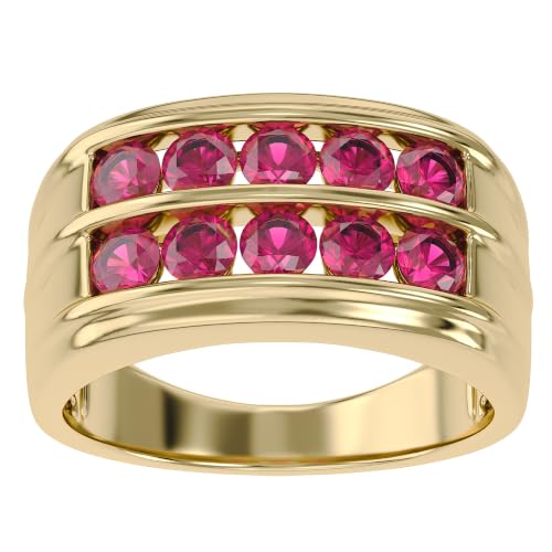 Double Row Men's Wedding Band Ring 4mm Round Cut Ruby Lab Grown Gemstone Engagement Anniversary Rings In 10K Solid Yellow Gold Size 13.5