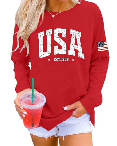Image of Dressmine Womens USA Shirt Casual Long Sleeve Graphic Tees Knit Crew Neck Sweatshirts Loose Pullover