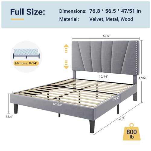 Image of Allewie Full Size Velvet Platform Bed Frame with Adjustable Headboard, Grey | Height-Adjustable Velvet Headboard, Rivet-Style Nailhead Trim, Wooden Slat Support, No Box Spring Needed, Easy Assembly