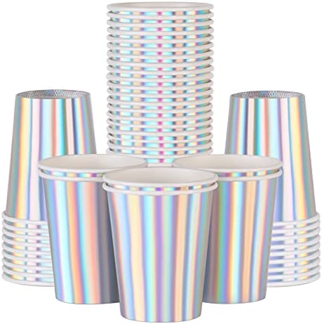 Iridescent Paper Cups 9 oz [50 pack] Disposable Cups for Hot and Cold Drinks Tea Coffee Water Milk Juice Iridescent Rainbow Design Suitable for Picnic Home Party Birthday Wedding Anniversary Christmas