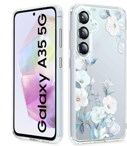 Image of VONZEE Clear Transparent Flower Case Compatible with Samsung Galaxy A35 5G, Shockproof Floral Design PC+TPU Back Cover, Camera Protection Slim Protective Phone Case for Women & Girls, Blue
