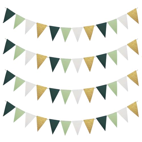 liuchanghe Lot de 4 Guirlande Fanion, Guirlandes de Fanions Extérieurs, Drapeau Triangulaire pour Mariage Anniversaire Baptême Jardin Fête Décoration (Vert Sauge Or Blanc)