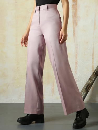 Image of High Star Women High Rise Solid Regular Length Wide Leg Casual Trousers