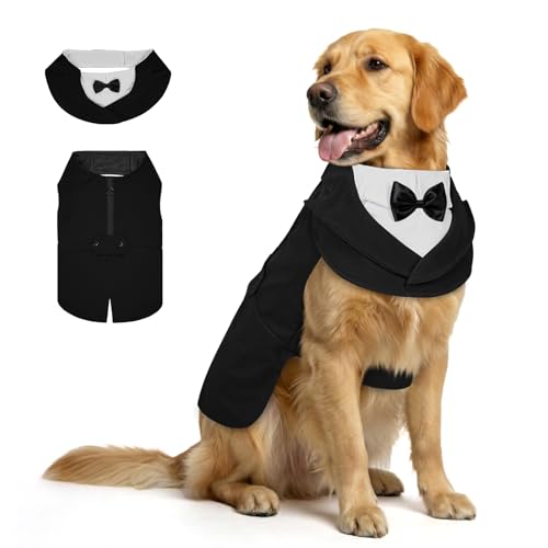 Supet Dog Tuxedo and Bandana Set with Bow Tie, Formal Outfit for Wedding Birthday Party Graduation Valentines, Pet Suit Clothes for Large Medium Small Dogs (Black, XL)