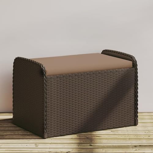 IKAYAA Banco de Jardín de Ratán Sintético con cojín Banco de Exterior con Caja de Almacenaje Baúl almacenaje para Patio Terraza Balcón 80 x 51 x 52 cm Marrón