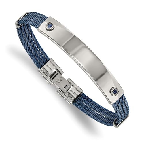 Blue IP-plated Cable with Blue Cubic Zirconia ID Bracelet 7.25"