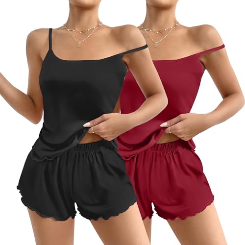 Image of Ekouaer 2 Pack Womens Cami Pajama Sets Cute Print Tank Top Pjs and Shorts Camisole Lounge Set