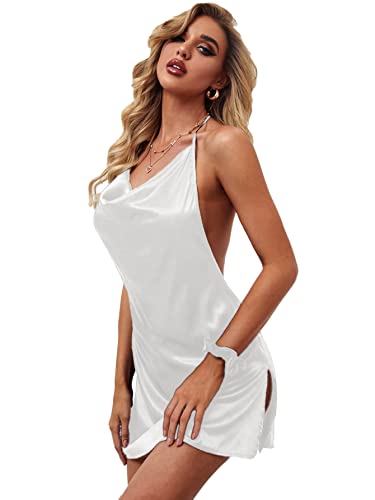 Lyaner Women's Satin Tie Neck Drape Backless Split Hem Chemise Nightgown Slip Dress White X-Large #TOP3