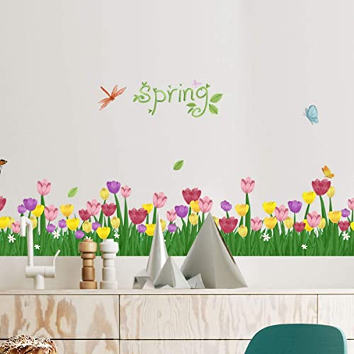 Spring Tulip Wall Decals Flower Grass Wall Stickers Removable Diy Peel And Stick Art Murals For Classroom Bedroom Girls Room Living Room Hallway Kitchen Bathroom Home Decor (Tulip) #TOP2