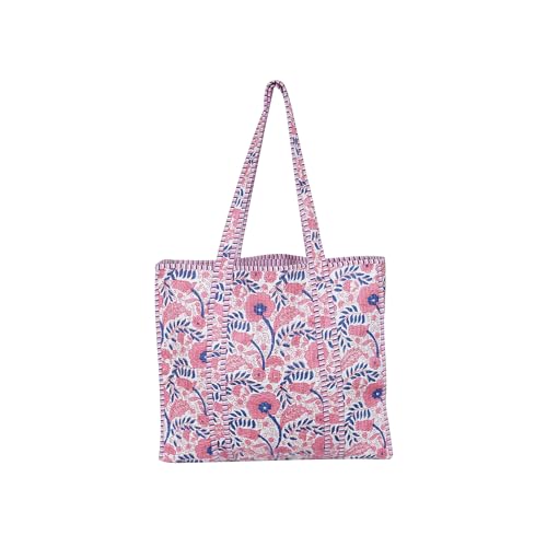 Indian Cotton Quilted Tote Bag Women shoulder Bag Carry, shopping Beach Bag Summer Holiday Essentials Shopping Travel Bag with Pockets Handbags for Women (Pink-Flower)