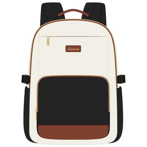 Image of LOVEVOOK Laptop Backpack for Women with Pouch Pocket for Large Capacity Cup,15.6 Inch Laptop Computer Bag Travel Backpack Purse,Work Business Backpack College Teacher Bags,Beige-Black-Brown + V-shaped