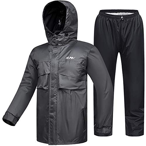 ILM Motorcycle Rain Suit Waterproof Men 2 Set Jacket and Trousers Motorbike Fishing Rain Gear Resistant Protective 6 Pockets RS02,Gray-men,XL