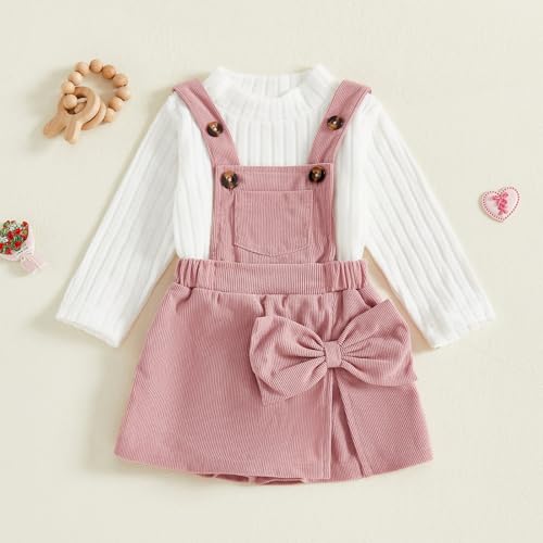Toddler Baby Girl Fall Outfits Long Sleeve Ribbed Sweater Tops Corduroy Suspender Skirt Shorts Overalls Dress Set4