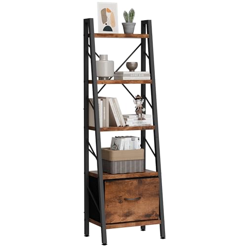 Shintenchi 5 Tier Ladder Bookshelf with Drawer, Tall Modern Corner Bookshelves, Narrow Book Shelf with Storage for CDs/Books/Movies, Bookcase for Room/Home/Office, Rustic Brown