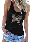 Avanova Women's Butterfly Print Rhinestone Workout Tank Tops Sleeveless T-Shirt D Black A X-Large