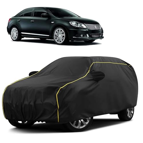 Image of Sulfar 100% Water Resistant Car Body Cover Compatible with Mirror for Maruti Suzuki Kizashi (Triple Stitched, Full Bottom Elastic, Black Taffeta with Yellow Piping)