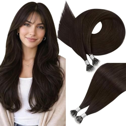 Image of Easyouth Nano Hair Extensions Human Hair Dark Brown Nano Ring Hair Extensions Human Hair Brown 18 Inch 50G Nano Hair Extension for Daily Wear 50S Cold Fusion Hair Extension for Women