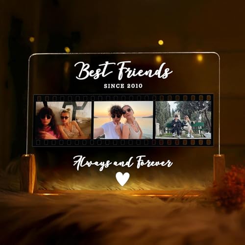 Image of Friendship Day Custom Photo Collage LED Lamp, Personalised Acrylic Night Light for Best Friends, Warm White, Wooden Base, Touch Control, Modern Style (Bestie 2)