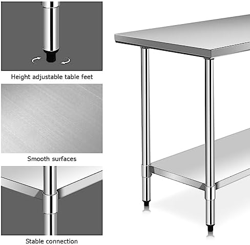 TANGZON 48 x 30 Inch/48 x 24 Inch Stainless Steel Catering Table, 250KG Heavy Duty Commercial Work Table with Bottom Shelf, 2-Tier Food Prep Table Work Bench for Kitchen Garage (122 x 61 x 90cm)