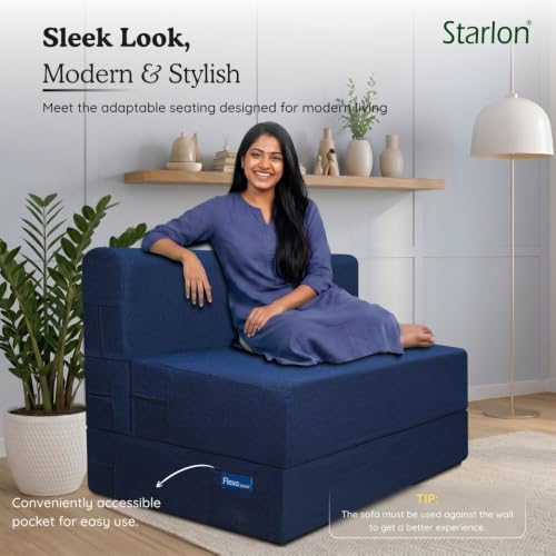 Image of Starlon 2 Seater Foldable Sofa Cum Bed 3-in-1 with 2 Floral Pattern Pillows, Washable Jute Fabric Cover, Space Saving Guest Bed, Pre-Assembled Royal Navy Blue 4x6 Ft