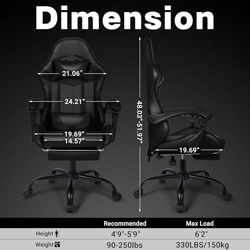 Image of Gaming Chair, Ergonomic Computer Chair with Footrest and Lumbar Support, Height Adjustable Office Chair with 360 Swivel Seat and Headrest (Black)