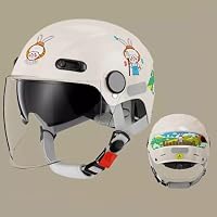 QJWMatic Casque Moto Enfant Rétro Mignon – Demi-Casque Ouvert Double Visière, 48-56 Cm, Pour Scooter Vélo Cyclomoteur Garçons Filles