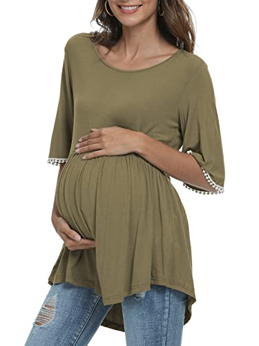 Xpenyo Women's Maternity Blouse Tops Round Neck Lace Bell Sleeve Plain Maternity T Shirt Pregnancy Shirts Olive Green Size M #TOP1