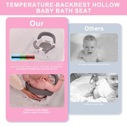 Image of Baby Bath seat for Babies 6 Months & up, 360 Stable Toddler Bath Chair with one-Touch Button, Back Hollow Design, Water Temperature Card & 4 Suction Cups for Safety (Pink)