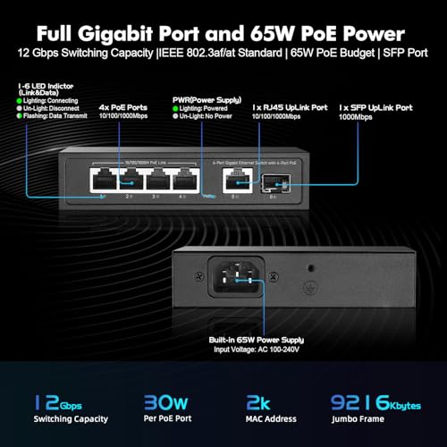 Image of 6 Port Mini Gigabit PoE Switch with 4 PoE+ Port, 1 Gigaibt RJ45 Uplink, 1 Gigabit SFP, IEEE802.3af /at, Max 65W, YuLinca Metal Fanless Plug & Play Ethernet Switch