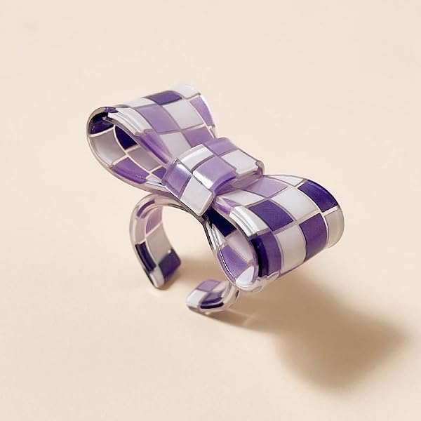 ChungLong0593 Colorful Checkerboard Bow Statement Ring Acrylic Plaid Open Ring for Women Fashionable & Trendy Jewelry Gift-Purple Plaid by ChungLong0593 - Used condition - Image 2