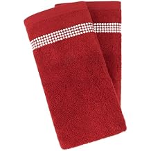 Sparkles Home Stripe Fingertip Towel Set of 2, 100% Turkish Cotton, Glass Rhinestones, 13", Machine Washable, Red