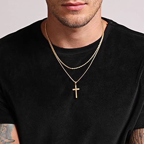 Gold Cross Necklace For Men, Gold Chain For Men Stainless Steel Layered Rope Chain Cross Pendant Necklace Jewelry Valentines Gifts For Him Cross Chain For Men Boys 18-20 Inch Mens Gifts For Father #TOP1