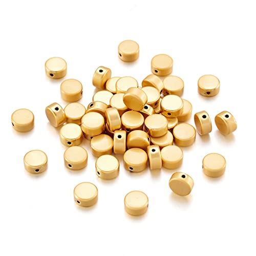 Craftdady 50Pcs 14K Matte Gold Flat Round Spacer Beads Textured Solid Brass Tiny Coin Disc Loose Beads 6x3mm for Bracelet Necklace Jewelry Making Hole: 1mm