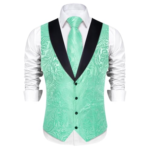 Image of DiBanGu Mens Paisley Suit Vest Silk Jacquard Waistcoat and Necktie Set Formal Shawl Collar Dress Vest 7PCS for Wedding Party