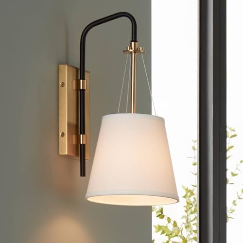 Image of Possini Euro Design Crysta Mid Century Modern Wall Light Sconce Warm Brass Black Hardwired 8 inch Fixture White Linen Drum Shade for Bedroom Living Family Room Home Hallway Dining House